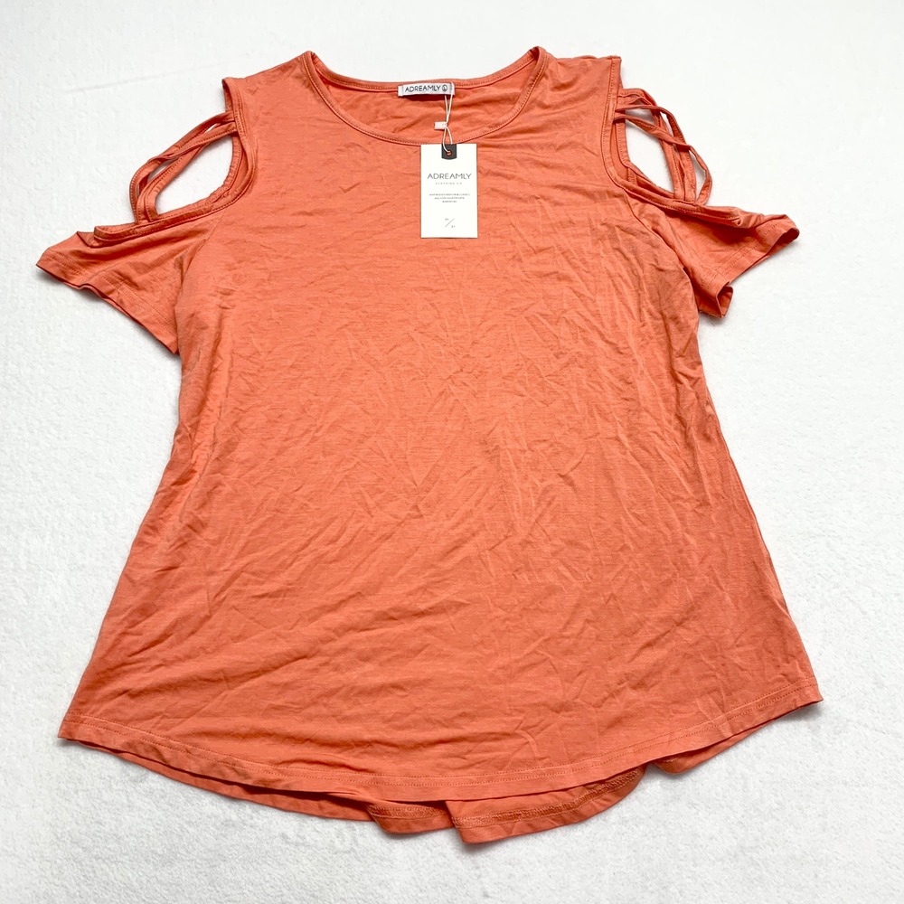Adreamly Cold Shoulder Strappy Tee Womens Sz L Orange Casual Summer Cotton Blend